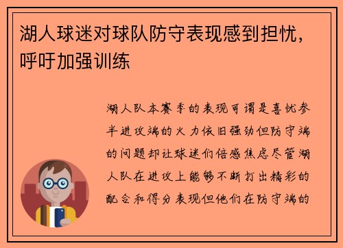 湖人球迷对球队防守表现感到担忧，呼吁加强训练